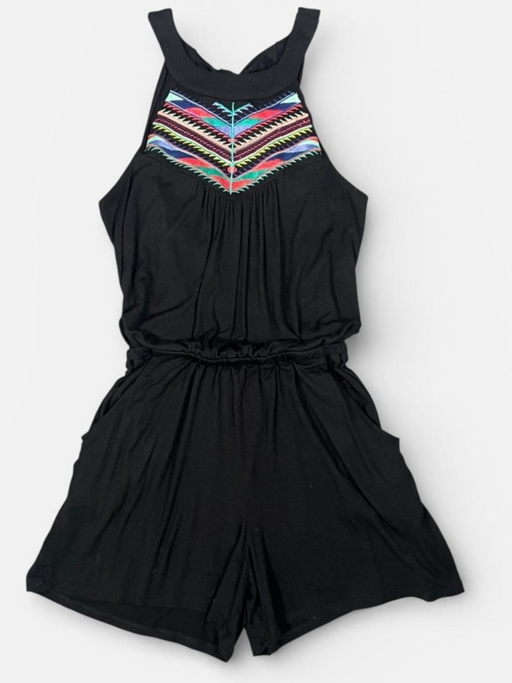 Mimi Chica Black Romper with Multicolor Embroidered Yoke